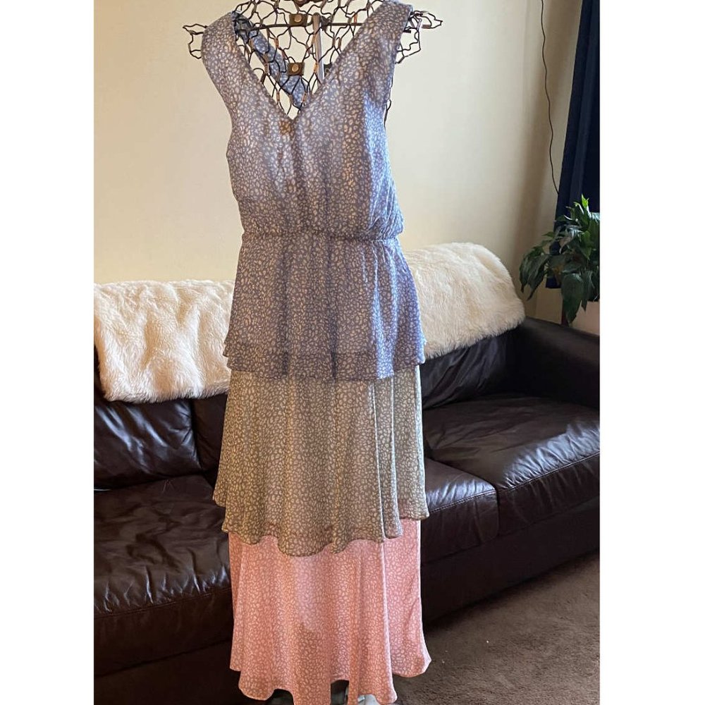 Sam Edelman Crisscross Open Back Tiered Maxi Dress, Size 12 Pink Blue Green